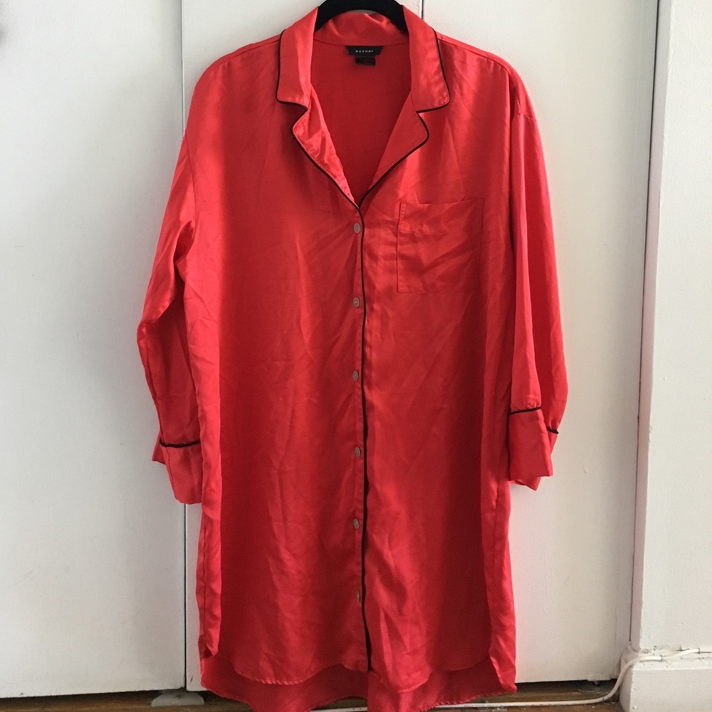 Natori Red Satin Button-Front Long Sleep Shirt with Black Piping